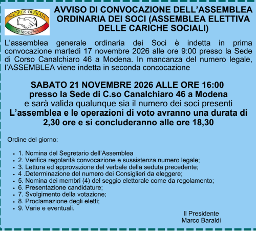 SABATO 21 NOVEMBRE 2026 ASSEMBLEA GENERALE ORDINARIA PER L’ELEZIONE DEL NUOVO CONSIGLIO DI AMMINISTRAZIONE
